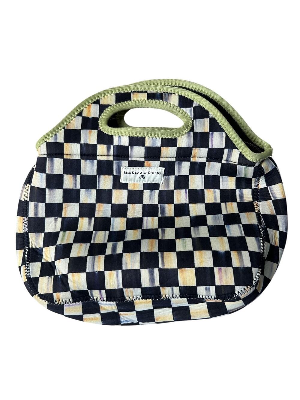 MacKenzie-Childs Top Handle Bag Womens Small Black Neoprene Checkerboard Green